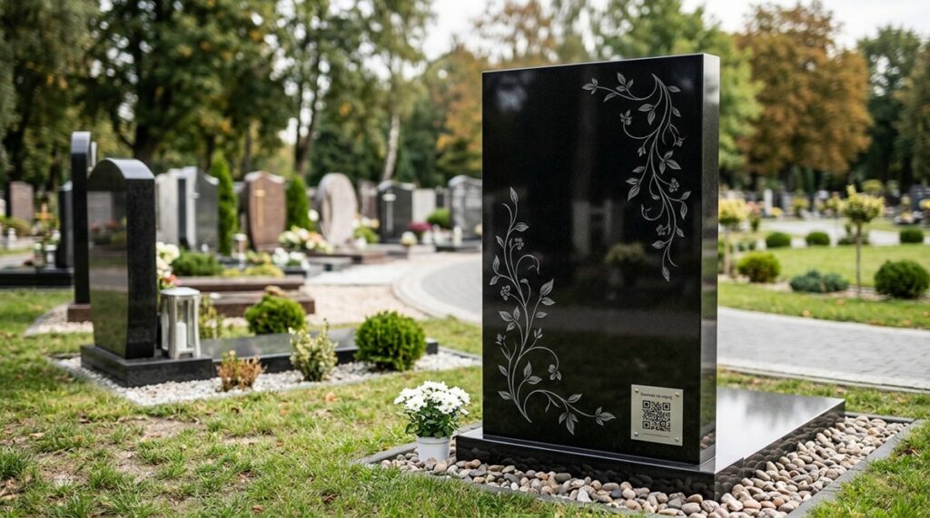 Moderner Grabstein aus poliertem Granit mit Lasergravur und QR-Code