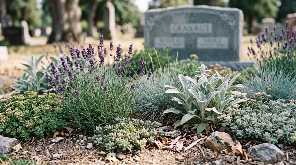 Nahaufnahme hitzeresistenter Grabbepflanzung im Sommer: Lavendel, Sedum und Blauschwingel auf einem Friedhofsbeet