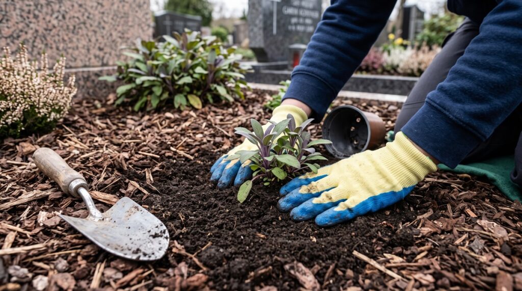 Pflanzen und Mulchen einer Grabbepflanzung im Sommer Schritt für Schritt auf einem Friedhof in Nordrhein-Westfalen