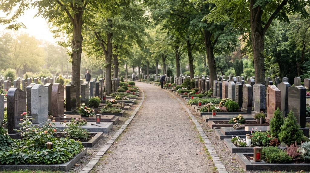 Gepflegter Friedhof in Nordrhein-Westfalen mit Grabsteinen aus Granit